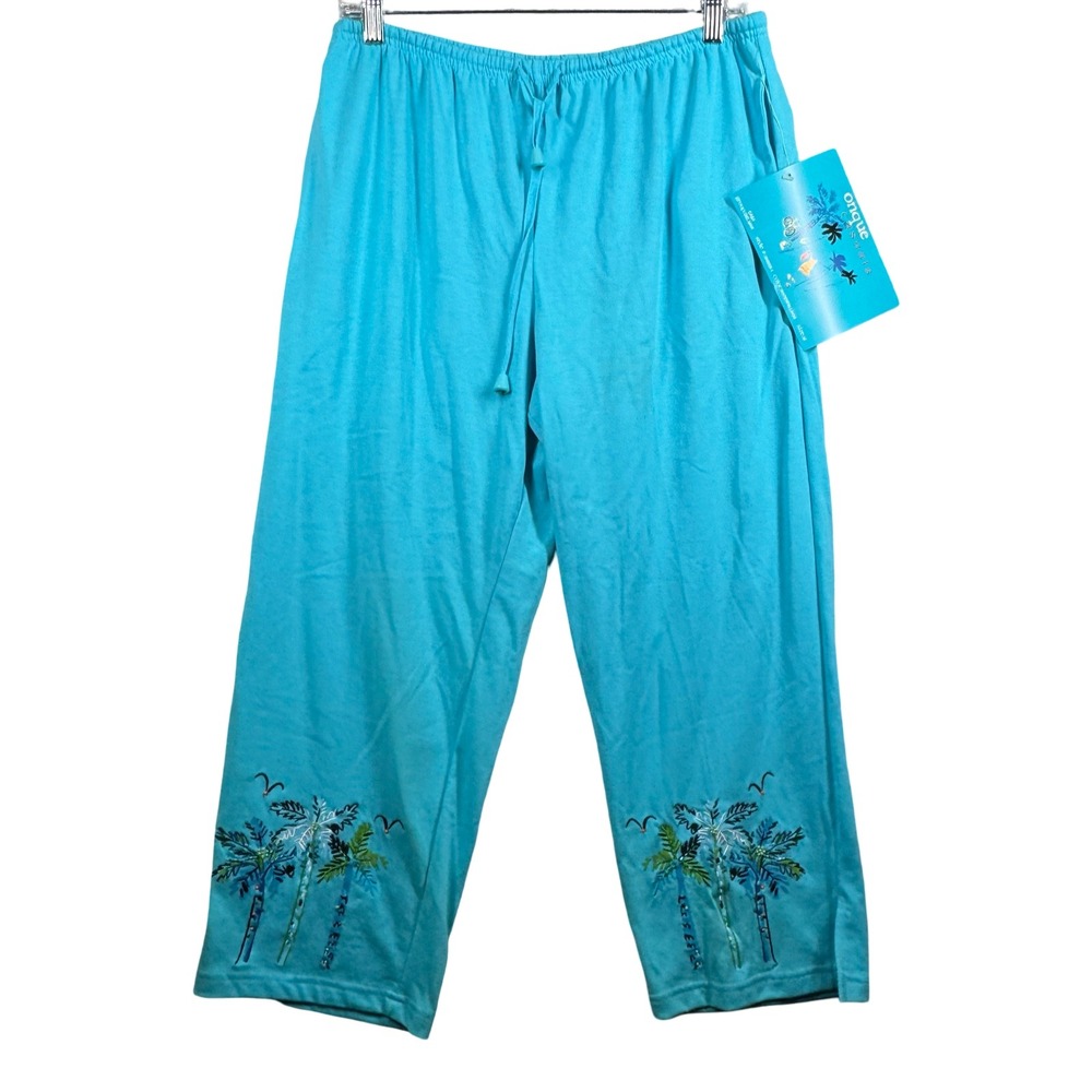 Onque Casuals Capri Pants Medium Blue Embroidered Palm Tree Drawstring Beach
